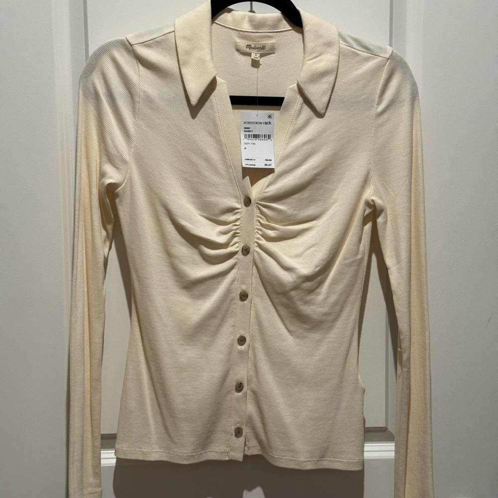 Nordstrom Cream Ruched Long Sleeve Button Down Shirt. NWT